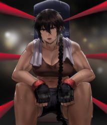 Rule 34 | 1girl, artist name, biceps, black gloves, black hair, blurry, blurry background, boxing ring, braid, braided ponytail, breasts, cleavage, feet out of frame, fingerless gloves, gloves, hair between eyes, highres, hunyan, long hair, muscular, muscular female, navel, open mouth, original, single braid, sitting, solo, sweat, towel, xiao (hunyan)