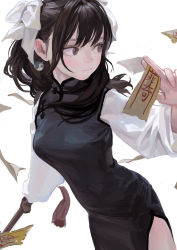 Rule 34 | 1girl, :3, backlighting, black dress, black eyes, black hair, breasts, china dress, chinese clothes, closed mouth, dress, earrings, fkey, focused, highres, holding, holding paper, holding sword, holding weapon, jewelry, light smile, looking to the side, medium breasts, original, paper, ribbon, side slit, simple background, solo, standing, sword, talisman, weapon, white background, white ribbon, yin yang