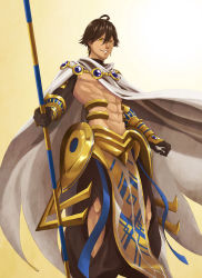 Rule 34 | 1boy, ahoge, armor, brown hair, cape, dark skin, dark-skinned male, earrings, fate/prototype, fate/prototype: fragments of blue and silver, fate (series), jewelry, male focus, ozymandias (fate), topless male, solo, staff, yellow eyes, yoi (207342)