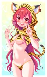 Rule 34 | 1girl, :d, animal hood, animal print, bikini, blush, breasts, capelet, chinese zodiac, cleavage, commentary request, cowboy shot, crossed bangs, double v, eris greyrat, eyebrows hidden by hair, fake tail, gradient background, groin, hair between eyes, hands up, harukaze soyogu, highres, hood, hood up, hooded capelet, long hair, looking at viewer, multicolored background, mushoku tensei, navel, open mouth, red eyes, red hair, sidelocks, small breasts, smile, solo, standing, stomach, swimsuit, tail, teeth, thick eyebrows, tiger hood, tiger print, tiger tail, underboob, upper teeth only, v, year of the tiger, yellow bikini, yellow capelet