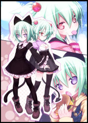 Rule 34 | 2girls, animal ears, ascot, black dress, black legwear, breasts, cat ears, cat tail, cleavage, corset, demon tail, dress, fang, food, green hair, hair bobbles, hair ornament, burger, kiira, long sleeves, looking at viewer, multiple girls, open mouth, original, paw print, pink eyes, purple eyes, shirt, skirt, tail, thighhighs, tongue, tongue out, twintails, wide sleeves, zettai ryouiki