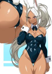Rule 34 | 1girl, absurdres, animal ears, ass, bare shoulders, blue bow, blue bowtie, blue leotard, blue sleeves, boku no hero academia, bow, bowtie, breasts, cleavage, clothing cutout, covered abs, covered navel, dark-skinned female, dark skin, detached collar, detached sleeves, gluteal fold, hand on own face, highleg, highleg leotard, highres, large breasts, leotard, long eyelashes, long hair, looking down, mirko, multiple views, muscular, muscular female, parted bangs, playboy bunny, ponytail, rabbit ears, rabbit girl, rabbit tail, red eyes, strapless, strapless leotard, tail, tail through clothes, theoiledone, thick thighs, thigh gap, thighs, traditional bowtie, very long hair, white hair, wrist cuffs