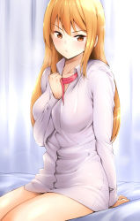 Rule 34 | 1girl, :t, amasora taichi, arm support, bed sheet, blonde hair, blush, breasts, brown eyes, closed mouth, collarbone, collared shirt, commentary request, curtains, hair between eyes, hand up, head tilt, highres, long hair, long sleeves, looking at viewer, medium breasts, original, pout, shirt, sitting, sleeves past wrists, solo, very long hair, white shirt