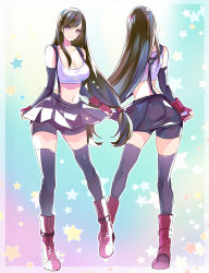 Rule 34 | 1girl, absurdres, asymmetrical bangs, black shorts, black skirt, black thighhighs, blouse, breasts, brown hair, cleavage, collarbone, earrings, final fantasy, final fantasy vii, final fantasy vii remake, fingerless gloves, full body, gloves, highres, jewelry, large breasts, long hair, low-tied long hair, midriff, patterned background, pink eyes, pleated skirt, shirt, shoji sakura, short shorts, shorts, skirt, skirt over shorts, solo, sports bra, square enix, star (symbol), star print, straight hair, suspender skirt, suspenders, swept bangs, thighhighs, tifa lockhart, white shirt, zettai ryouiki
