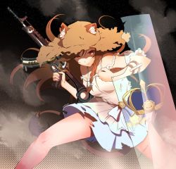 Rule 34 | 1girl, ak-47, animal ear fluff, animal ears, assault rifle, braid, clenched hand, commentary, dress, english commentary, eudetenis, gun, hat, hazumi aileen, highres, holding, holding gun, holding weapon, indie virtual youtuber, kalashnikov rifle, lion ears, lion girl, lion tail, long hair, nail polish, parted lips, red nails, rifle, riot shield, second-party source, shield, solo, straw hat, tail, torn clothes, torn dress, virtual youtuber, weapon, white dress