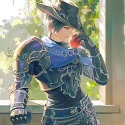 Rule 34 | 1girl, absurdres, androgynous, apple, armor, black gloves, black hair, black hat, blue eyes, blue sash, breastplate, cowboy shot, day, ear piercing, earrings, elbow gloves, elbow rest, final fantasy, final fantasy xiv, food, fruit, gloves, hand up, hat, hat feather, highres, holding, holding food, holding fruit, jewelry, leaf, leaning back, looking to the side, painfulred, parted lips, pauldrons, piercing, reaper (final fantasy), reverse trap, sash, short hair, shoulder armor, solo, sunlight, tree, tricorne, turtleneck, window, zero (ff14)