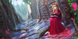 Rule 34 | 1girl, :o, animal ears, bad id, bad pixiv id, blue eyes, blurry, book, bookshelf, cat ears, chair, depth of field, dress, dutch angle, elbow gloves, fantasy, gloves, hairband, highres, library, light brown hair, light rays, long hair, looking at viewer, oota youjo, open book, original, outdoors, partially submerged, petals, reading, red dress, reflection, roots, scenery, shawl, sitting, sleeveless, sleeveless dress, solo, tree, vanishing point, wading, water