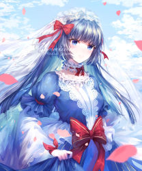 Rule 34 | 1girl, absurdres, bad id, bad pixiv id, blue dress, blue eyes, blurry, blurry foreground, blush, bow, bridal veil, cloud, commission, day, dress, floating hair, grin, hair bow, highres, layered sleeves, long hair, long sleeves, original, outdoors, petals, red bow, short over long sleeves, short sleeves, silver hair, slit pupils, smile, solo, standing, takano jiyuu, twitter username, veil, watermark