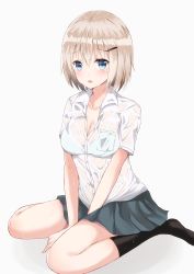 Rule 34 | 1girl, absurdres, bad id, bad pixiv id, black socks, blonde hair, blue eyes, blush, breasts, buttons, cleavage, collarbone, eyebrows, hair ornament, hairclip, highres, kneehighs, looking at viewer, open mouth, original, revision, school uniform, see-through, short hair, short sleeves, simple background, sitting, socks, solo, wariza, wet, wet clothes, white background, yuzuru (hayuiop123)