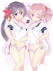 Rule 34 | 10s, 2girls, ;), absurdres, akebono (kancolle), barefoot, bell, blue panties, closed mouth, commentary request, flower, hair bell, hair bobbles, hair flower, hair ornament, hamaken. (novelize), highres, jingle bell, kantai collection, leg up, long hair, multiple girls, navel, no pants, one eye closed, open mouth, panties, pink eyes, pink hair, pink panties, ponytail, purple eyes, purple hair, sazanami (kancolle), scarf, school uniform, serafuku, short hair, short sleeves, side-tie panties, side ponytail, smile, twintails, tying, underwear, untied panties
