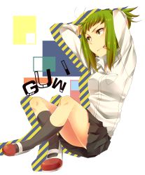 Rule 34 | 1girl, absurdres, adjusting hair, ahoge, arms up, bad id, bad pixiv id, female focus, full body, green eyes, green hair, gumi, haru (oomr005), highres, matching hair/eyes, mouth hold, short hair, sitting, skirt, smile, socks, solo, vocaloid, white background