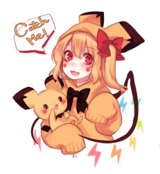 Rule 34 | 1girl, :3, alternate costume, blonde hair, blush, blush stickers, cosplay, creatures (company), crystal, english text, fang, flandre scarlet, game freak, gen 2 pokemon, highres, looking at viewer, nintendo, open mouth, pichu, pichu (cosplay), pokemon, red eyes, side ponytail, sleeves past wrists, tis (shan0x0shan), touhou, upper body, wavy mouth, wings