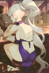 Rule 34 | 1girl, alternate costume, ass, back, bare back, blue eyes, blush, breasts, closed mouth, counter, cup, detached collar, dress, drinking glass, elbow rest, fireworks, from behind, handkerchief, highres, long hair, looking at viewer, looking back, medium breasts, paid reward available, people, ponytail, profile, purple dress, rwby, scar, scar across eye, scar on face, sideboob, sitting, solo focus, stool, thighs, utensil, very long hair, wangxiii, weiss schnee, white hair
