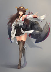 Rule 34 | 10s, 1girl, ahoge, armpits, black eyes, boots, breasts, brown hair, brown thighhighs, detached sleeves, female focus, full body, gradient background, hand on own hip, headgear, highres, kantai collection, kongou (kancolle), kongou kai ni (kancolle), large breasts, leo thasario, long hair, looking at viewer, mecha musume, miniskirt, nontraditional miko, open mouth, outstretched arm, pleated skirt, ribbon-trimmed sleeves, ribbon trim, skirt, solo, standing, thigh boots, thighhighs, zettai ryouiki