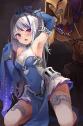 Rule 34 | 1girl, armpits, blush, breasts, detached sleeves, dress, duel monster, elbow gloves, fins, gloves, grey hair, hair between eyes, head fins, highres, large breasts, long hair, mudora the sword oracle, open mouth, purple eyes, siren (mythology), solo, tearlaments scheiren, thighlet, tiara, unagishirou, yu-gi-oh!