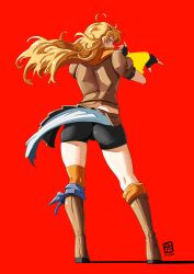 Rule 34 | 1girl, ahoge, arms up, artist logo, ass, ass focus, automatic giraffe, back, bike shorts, black gloves, black shorts, blonde hair, boots, brown jacket, commentary, contrapposto, ember celica (rwby), english commentary, fingerless gloves, floating hair, from behind, full body, gloves, highres, jacket, looking back, orange scarf, purple eyes, red background, rwby, scarf, short shorts, shorts, simple background, solo, standing, thighs, wavy hair, yang xiao long