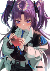 Rule 34 | 1girl, belt, blue archive, blush, box, commentary request, gift, gift box, gloves, hair ornament, id card, jacket, long hair, looking at viewer, necktie, purple eyes, purple hair, school uniform, simple background, smile, solo, twitter, white background, yamahara, yuuka (blue archive)