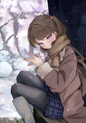 1girl absurdres black_pantyhose blush boots brown_coat brown_hair brown_scarf closed_mouth coat commentary enpera fujishima_megumi grey_footwear highres jin_(oihlf) knee_boots link!_like!_love_live! long_hair long_sleeves looking_at_viewer love_live! miniskirt outdoors pantyhose plaid_clothes plaid_skirt purple_eyes purple_skirt scarf sitting skirt smile snow snowing snowman solo steepled_fingers virtual_youtuber winter_clothes winter_coat