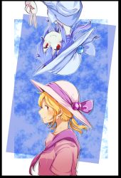Rule 34 | 2girls, ascot, blonde hair, blue background, blush, bow, breasts, collarbone, dual persona, framed, hat, hat bow, highres, looking at viewer, looking to the side, louise, louise (touhou), multiple girls, neck, ponytail, profile, purple shirt, red eyes, shirt, short twintails, small breasts, smile, touhou, touhou (pc-98), twintails, two-tone background, upside-down, v, wadante, white background, yellow eyes