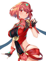 Rule 34 | 1girl, black gloves, blush, bob cut, breasts, chest jewel, circlet, closed mouth, contrapposto, covered navel, earrings, fingerless gloves, gloves, headband, headpiece, high collar, highres, jewelry, kyaro (wanu 14), large breasts, looking at viewer, pyra (xenoblade), red eyes, red hair, red shorts, short hair, short shorts, shorts, sideless outfit, skin tight, smile, solo, swept bangs, tiara, xenoblade chronicles (series), xenoblade chronicles 2