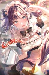 Rule 34 | 1girl, @ @, absurdres, apron, blush, breasts, clumsy, confused, dress, frilled dress, frills, genshin impact, hair between eyes, hair ornament, hair ribbon, highres, holding, lisa 78, long hair, looking at viewer, maid, maid apron, maid headdress, mona (genshin impact), open mouth, ribbon, solo, tray, twintails