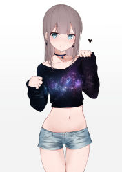 Rule 34 | 1girl, :3, black choker, black shirt, blue eyes, blue panties, blush, choker, closed mouth, collarbone, cowboy shot, crop top, denim, denim shorts, earrings, gradient background, grey background, hands up, heart, highres, jewelry, kanju, long hair, long sleeves, looking at viewer, midriff, milky way, mole, mole under eye, navel, open fly, original, panties, pinching sleeves, shirt, short shorts, shorts, sidelocks, silver hair, simple background, smile, solo, standing, star (sky), starry sky print, stomach, thigh gap, thighs, underwear, white background