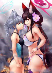 Rule 34 | absurdres, animal ear fluff, animal ears, asymmetrical bangs, bikini, black hair, black one-piece swimsuit, blue archive, blue eyes, blunt ends, breast press, breasts, colored inner hair, commentary, competition swimsuit, confrontation, covered navel, cowboy shot, cross hair ornament, djloops, english commentary, extra ears, flower, fox ears, fox tail, grey hair, hair flower, hair ornament, halo, highres, large breasts, low ponytail, medium breasts, medium hair, mismatched pupils, multicolored clothes, multicolored hair, multicolored swimsuit, one-piece swimsuit, red hair, shiroko (blue archive), shiroko (swimsuit) (blue archive), swimsuit, tail, two-tone hair, wakamo (blue archive), white bikini, yellow eyes