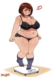 Rule 34 | 1girl, angry, belly, black bra, bra, breasts, brown hair, cleavage, fat, lace, lace-trimmed bra, lace trim, large breasts, lightsource, lingerie, navel, original, panties, plump, pout, purin (lightsource), red eyes, scale, short hair, socks, solo, standing, thick thighs, thighs, underwear, weight conscious