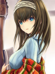 Rule 34 | 1girl, :d, blue eyes, blue sweater, book, breasts, brown hair, from side, hair between eyes, hairband, holding, holding book, idolmaster, idolmaster cinderella girls, indoors, long hair, looking at viewer, looking to the side, medium breasts, nannacy7, open book, open mouth, sagisawa fumika, shawl, smile, solo, sweater, tareme, upper body