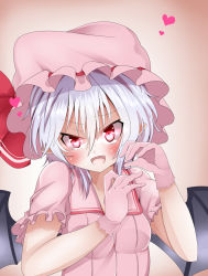 Rule 34 | 1girl, bat wings, blush, bow, fang, gloves, gradient background, hat, hat bow, heart, highres, mob cap, naughty face, nekoro (nekokabuto), red eyes, remilia scarlet, silver hair, solo, touhou, wings