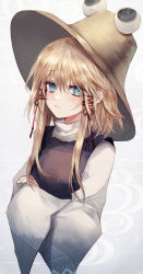 Rule 34 | 1girl, absurdres, blue eyes, blush, breasts, brown hat, closed mouth, cropped torso, crossed arms, expressionless, grey background, hair between eyes, hair ribbon, hat, highres, long sleeves, looking at viewer, maho moco, medium breasts, moriya suwako, purple vest, red ribbon, ribbon, short hair with long locks, sidelocks, simple background, solo, touhou, turtleneck, upper body, vest, wide sleeves