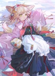 Rule 34 | 1girl, absurdres, animal ears, apron, arknights, black hakama, blonde hair, chinese commentary, coin purse, commentary request, flower, fox ears, fox girl, fox tail, frilled apron, frills, green eyes, hair flower, hair ornament, hairband, hakama, hakama skirt, highres, japanese clothes, kimono, kitsune, kyuubi, liangban xiexu, multiple tails, official alternate costume, pink kimono, pinwheel, red hairband, skirt, solo, suzuran (arknights), suzuran (yukibare) (arknights), tail, waist apron, white apron