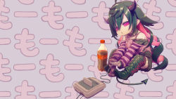 Rule 34 | 1girl, ahoge, black hair, black thighhighs, blouse, coca-cola, collar, commentary request, controller, demon tail, feral lemma, full body, furrowed brow, game cartridge, game controller, grey background, hair between eyes, half-closed eyes, highres, horns, long hair, moruru, multicolored hair, nijisanji, no nose, off shoulder, paid reward available, pink eyes, pink hair, pointy ears, ringlets, shirt, sitting, sleeves past fingers, sleeves past wrists, solo, striped sleeves, tail, thighhighs, torn clothes, torn shirt, two-tone hair, virtual youtuber, yamiyono moruru