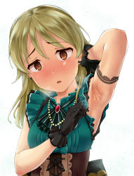 Rule 34 | 1girl, @ @, alternate hairstyle, armpit focus, armpits, ascot, bare arms, black gloves, blonde hair, blush, brooch, brown eyes, corset, dress, earrings, gloves, green dress, hair down, heavy breathing, highres, idol, idolmaster, idolmaster cinderella girls, idolmaster cinderella girls starlight stage, jewelry, looking at viewer, morikubo nono, necklace, nishi (count2.4), pearl necklace, shaved armpits, simple background, solo, sweat, upper body, white background