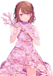 Rule 34 | 1girl, absurdres, achiki, branch, brown hair, cherry blossoms, dress, flower, highres, open mouth, original, petals, pink eyes, relic (artbook), smile, solo