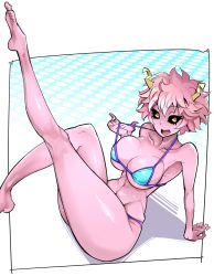 Rule 34 | 10s, 1girl, armpits, ashido mina, bare arms, bare shoulders, bikini, black sclera, blue bikini, boku no hero academia, breasts, breasts apart, collarbone, colored sclera, colored skin, full body, halterneck, highres, hip focus, horns, looking at viewer, medium breasts, medium hair, messy hair, nac000, navel, open mouth, pink hair, pink skin, simple background, smile, solo, stomach, strap gap, swimsuit, yellow eyes