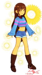 Rule 34 | 1girl, alternate costume, alternate hairstyle, artist name, blush, boots, brown hair, buttons, closed eyes, colored skin, crop top, denim, denim shorts, eyebrows, flower, frisk (undertale), happy, highres, kama-ta, long hair, long sleeves, navel, raised eyebrows, shorts, smile, striped, sweater, transparent background, undertale, yellow skin