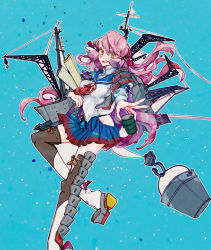 Rule 34 | 10s, 1girl, a-li, akashi (kancolle), blush, bucket, crane (machine), drum (container), green eyes, hair ribbon, hip vent, kantai collection, long hair, looking at viewer, open mouth, paper, pink hair, pleated skirt, ribbon, school uniform, serafuku, side slit, skirt, smile, solo, thighhighs, tress ribbon, twintails