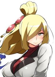 Rule 34 | 1girl, blonde hair, blush, breasts, cleavage, cleavage cutout, closed mouth, clothing cutout, commentary request, creatures (company), cynthia (pokemon), cynthia (sygna suit) (pokemon), eyelashes, game freak, garchomp, gen 4 pokemon, grey eyes, grey jacket, hair ornament, hair over one eye, jacket, long hair, mituyota 76, nintendo, official alternate costume, pokemon, pokemon (creature), pokemon masters ex, white background