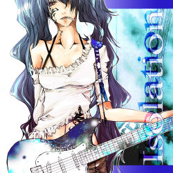 Rule 34 | 1girl, bad id, bad pixiv id, blue hair, casual, cigarette, female focus, gradient background, guitar, hair over one eye, hatsune miku, instrument, long hair, shiinoyuko, smile, smoking, solo, tattoo, twintails, very long hair, vocaloid, white background
