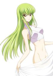 Rule 34 | 1girl, bad id, bad twitter id, breasts, c.c., code geass, green hair, groin, highres, isshi pyuma, long hair, looking at viewer, medium breasts, navel, no pants, simple background, solo, white background, yellow eyes