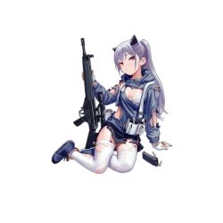 Rule 34 | 1girl, arm support, assault rifle, blush, boots, bra, breasts, bullet, cartridge, closed mouth, cross-laced footwear, fkey, full body, garter straps, girls&#039; frontline, gloves, gun, h&amp;k hk33, hk33 (girls&#039; frontline), holding, holding gun, holding weapon, jacket, long hair, long sleeves, looking at viewer, magazine (weapon), ponytail, red eyes, rifle, silver hair, simple background, sitting, small breasts, solo, thighhighs, torn clothes, torn thighhighs, underwear, weapon, white background, white bra, white gloves, white thighhighs, yokozuwari
