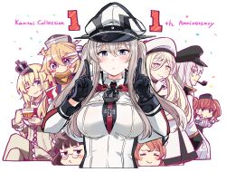 Rule 34 | 6+girls, anniversary, atlanta (kancolle), beret, black gloves, black hat, blonde hair, breasts, brown hair, burger, capelet, closed eyes, closed mouth, commentary, confetti, copyright name, cross, crossed legs, crown, cup, disposable cup, dress, food, gangut (kancolle), glasses, gloves, graf zeppelin (kancolle), grey hair, hair between eyes, hat, headgear, highres, holding, holding cup, ido (teketeke), index finger raised, iowa (kancolle), iron cross, kantai collection, large breasts, littorio (kancolle), long hair, long sleeves, looking at viewer, military uniform, mini crown, mole, mole under eye, mouth hold, multiple girls, necktie, one eye closed, peaked cap, pipe in mouth, richelieu (kancolle), roma (kancolle), sidelocks, smile, smoking pipe, star-shaped pupils, star (symbol), symbol-only commentary, symbol-shaped pupils, uniform, v, v over eye, warspite (kancolle), white hat