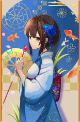 Rule 34 | 1girl, 2020, arrow (projectile), belt, blue eyes, blue flower, blue kimono, blush, bob cut, brown hair, chinese zodiac, commentary, cowboy shot, fish, flower, foliage, from side, goldfish, hair flower, hair ornament, hamaya, highres, holding, holding arrow, japanese clothes, kimono, light blush, light smile, looking at viewer, looking to the side, new year, obi, original, patterned background, red belt, sash, short hair, sidelocks, solo, sorami sachi, year of the rat