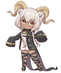 Rule 34 | 1girl, :d, animal ears, arknights, beeswax (arknights), black coat, black footwear, black ribbon, blush, coat, commentary request, dark-skinned female, dark skin, dress, full body, head tilt, highres, horns, kinakonato, leg ribbon, long hair, looking at viewer, open clothes, open coat, open mouth, ribbon, short dress, sidelocks, simple background, sleeves past fingers, sleeves past wrists, smile, solo, standing, white background, white dress, white hair, yellow eyes
