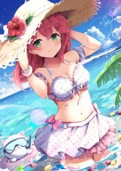 Rule 34 | 1girl, 35p (sakura miko), absurdres, bare arms, bikini, blue sky, blush, bracelet, breasts, cat, cleavage, closed mouth, cloud, collarbone, commentary request, day, diving mask, floating, flower, frilled bikini, frills, goggles, green eyes, hair ornament, hat, hat flower, hat ribbon, hibiscus, highres, hololive, hololive summer 2022 swimsuit, horizon, innertube, jewelry, lens flare, long hair, looking at viewer, medium breasts, navel, niwasane (saneatsu03), ocean, outdoors, palm tree, print bikini, red hair, ribbon, sakura miko, sky, smile, snorkel, solo, standing, stomach, sun hat, swim ring, swimsuit, tree, virtual youtuber, white bikini, x hair ornament