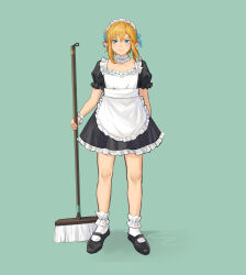 Rule 34 | 1boy, :i, absurdres, alternate costume, apron, bare legs, black dress, blonde hair, blue eyes, blue ribbon, broom, dress, enmaided, fashball, frilled apron, frilled dress, frills, full body, green background, hair ribbon, highres, juliet sleeves, link, long sleeves, looking at viewer, maid, maid apron, maid headdress, mary janes, neck garter, nintendo, pointy ears, puffy short sleeves, puffy sleeves, ribbon, shoes, short sleeves, sidelocks, solo, the legend of zelda, white apron, wrist cuffs