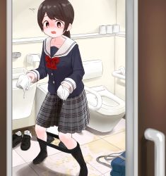 Rule 34 | 1girl, ^^^, absurdres, bag, bathroom, black footwear, black pantyhose, blue shirt, blush, bow, bowtie, breast pocket, brown eyes, brown hair, buttons, caught, clothes pull, commission, door, embarrassed, female focus, flat chest, full body, grey skirt, hands up, highres, holding, indoors, legs apart, long hair, long sleeves, looking at viewer, matching hair/eyes, miniskirt, nose blush, open mouth, original, panties, panty pull, pantyhose, pantyhose pull, pee, peed self, plaid, plaid skirt, pleated skirt, pocket, ponytail, puddle, red bow, red bowtie, sailor collar, school bag, school uniform, shirt, shoes, unworn shoes, sidelocks, skeb commission, skirt, sneakers, solo, standing, tears, tile floor, tiles, toilet, toilet paper, underwear, urabe miyabi, wet, wet clothes, wet panties, white sailor collar, wide-eyed