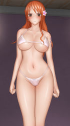 Rule 34 | 1girl, bare arms, bare legs, bare shoulders, blush, bra, breasts, brown eyes, closed mouth, earrings, flower, groin, hair flower, hair ornament, highres, jewelry, large breasts, legs, legs together, long hair, looking at viewer, nami (one piece), navel, one piece, orange hair, panties, ponte, solo, standing, tattoo, thighs, underwear