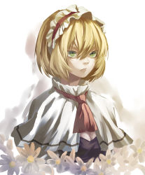 Rule 34 | 1girl, absurdres, alice margatroid, ascot, blonde hair, breasts, capelet, cleavage, daisy, eredhen, facing away, flower, gradient background, green eyes, hairband, highres, lips, lolita hairband, parted lips, short hair, simple background, solo, touhou, upper body